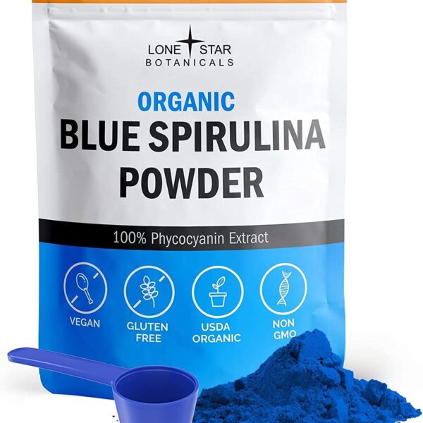 Organic Blue Spirulina Powder - 100% Pure Blue-Green Algae, No Fishy Smell, Vegan Superfood for Smoothies & Drinks, Non GMO, Gluten-Free, Vegan