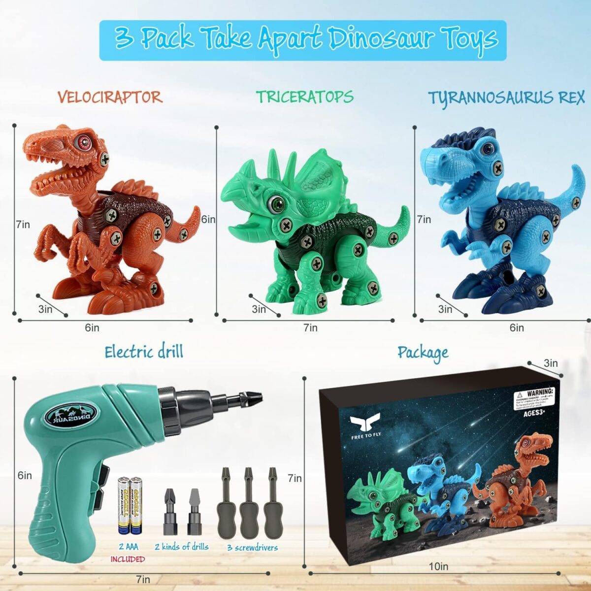 FREE TO FLY Dinosaur Toys for Kids 3-5: Take Apart STEM Learning Toys, Building Construction Sets with Electric Drill, Birthday Gifts for Boys Girls Age 4 5 6 7 8 Year Old - Image 6