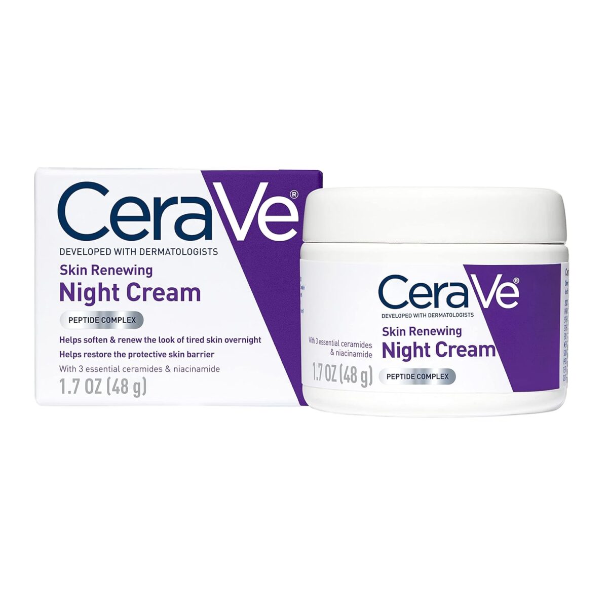 CeraVe Skin Renewing Night Cream, Niacinamide, Peptide Complex, and Hyaluronic Acid Moisturizer for Face, 1.7 Ounce, Packaging may Vary - Image 1
