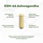 KSM 66 Ashwagandha 1,200mg with Black Pepper, 120 Veggie Capsules – Extra Strength Root Extract – High Absorption – Adaptogenic Supplements for Relaxation, Energy, & Brain Health – Non-GMO - Image 3