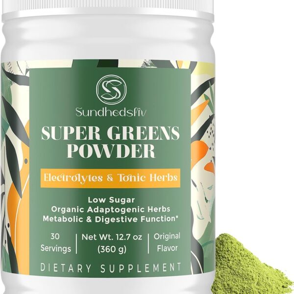 Super Greens Powder Superfood Supplement + Electrolytes & Tonic Herbs | Organic Greens, Adaptogens, Shilajit, Antioxidants, Prebiotic & Probiotic & Postbiotic | for Gut, Energy & Immune | 30 Servings