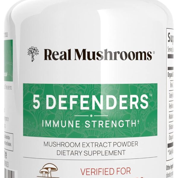 Real Mushrooms 5 Defenders Capsules - Organic Mushroom Extract w/Chaga, Shiitake, Maitake, Turkey Tail, Reishi Supplement for Focus, Immune Support Vegan, Non-GMO, 90 Caps