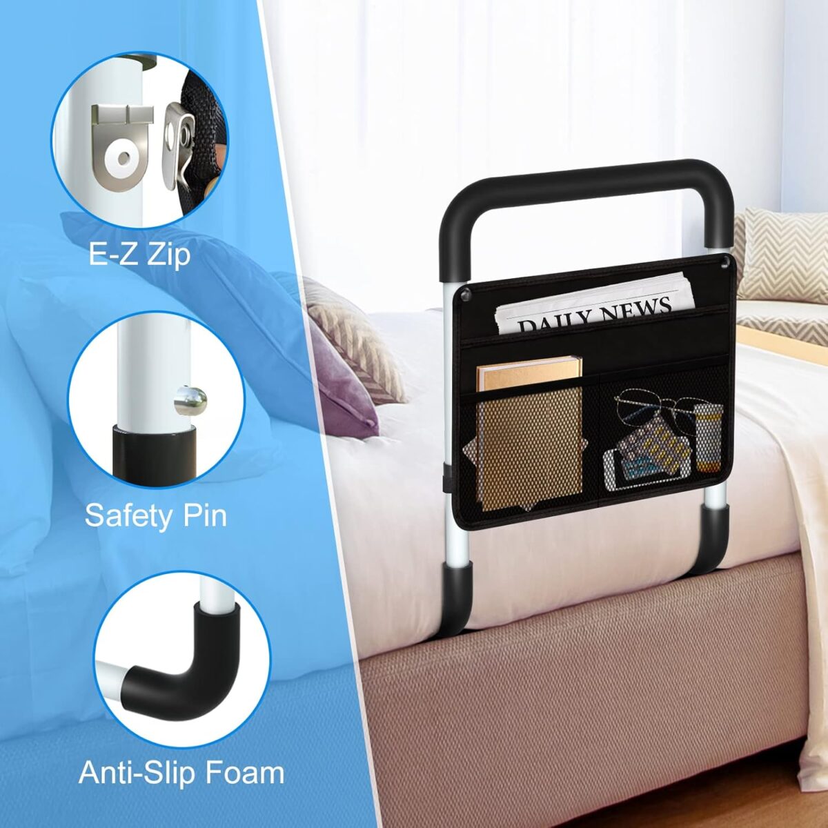 Bed Rails for Elderly Adults - Bed Assist Rail Medical Bed Support Bar Mobility Assistant with Free Storage Bag and Fixing Strap, Fit King, Queen, Full, Twin - Image 5