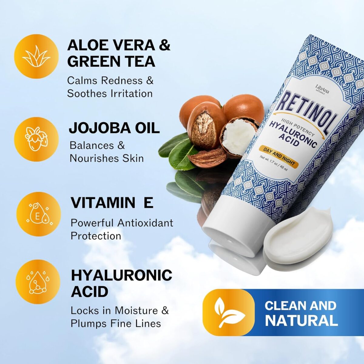 LilyAna Naturals Anti Aging Retinol Face Cream for Women – Wrinkle & Neck Cream for Firming, Retinol Moisturizer for Face with Hyaluronic Acid, Hydrating Night Cream for Fine Lines, Collagen Boost - Image 4