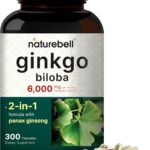 NatureBell Ginkgo Biloba 6,000mg with Panax Ginseng 500mg Per Serving | 300 Capsules – Max Strength Ginko Biloba Extract Supplements - Promotes Memory, Focus, and Brain Health