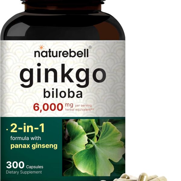 NatureBell Ginkgo Biloba 6,000mg with Panax Ginseng 500mg Per Serving | 300 Capsules – Max Strength Ginko Biloba Extract Supplements - Promotes Memory, Focus, and Brain Health