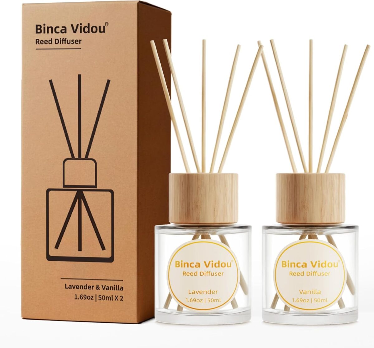 Reed Diffuser Set, Binca Vidou Lavender & Vanilla Natural Scent Oil Diffusers with Sticks for Home Office Bathroom Aromatherapy Decor 1.69oz x 2 - Image 1