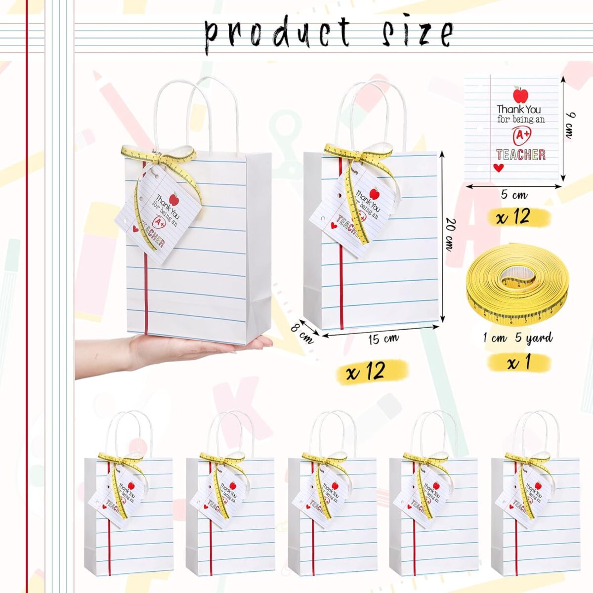 Gilprop 12 Pcs Teacher Appreciation Gift Bags with Paper Tag Thank You Teacher Gift Bags with Handle End of Year Teacher Gifts with Tape Measure Ribbon for Graduation Back to School Party Favors - Image 2