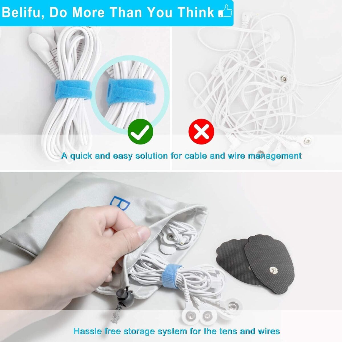 Belifu Dual Channel TENS EMS Unit 24 Modes Muscle Stimulator for Pain Relief Therapy, Electronic Pulse Massager Muscle Massager with 10 Pads, Dust-Proof Drawstring Storage Bag, Fastening Cable Ties - Image 5