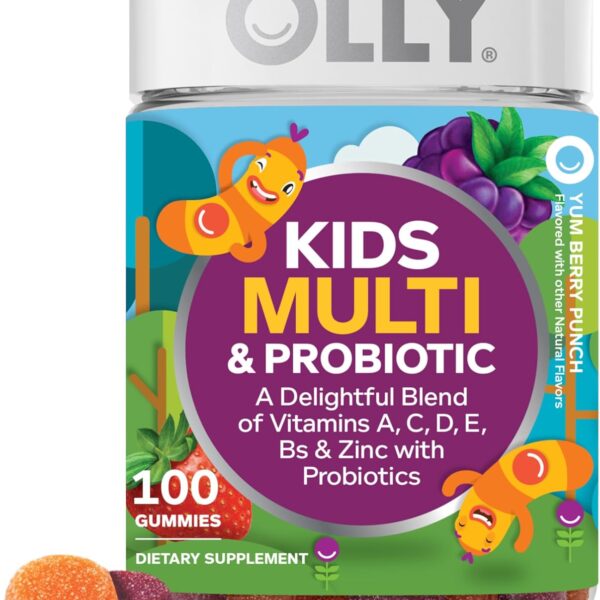 OLLY Kids Multivitamin & Probiotic Gummy, Digestive Support, Vitamins A, D, C, E, B, Zinc, Chewable Supplement, Berry Flavor, 50 day supply - 100 Count