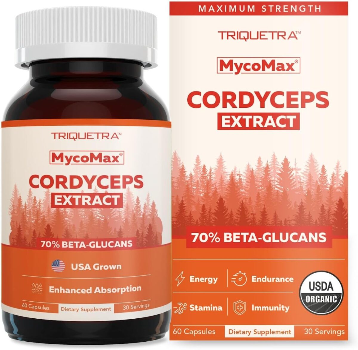 Organic Cordyceps Mushroom Extract - 70% Beta Glucans - Highest Active Nutrient Levels, Max Potency Cordyceps Capsules, US Grown + Ultrasonic Extraction - Performance, Immunity & Energy - 60 Capsules - Image 1