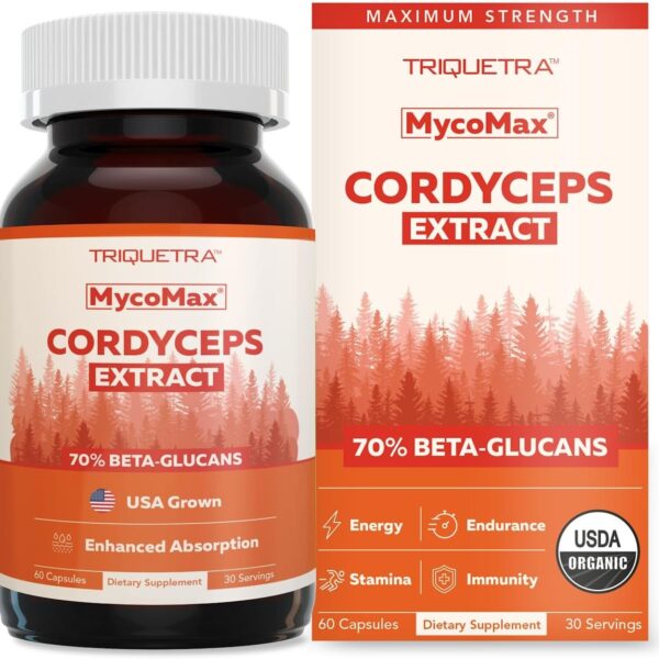 Organic Cordyceps Mushroom Extract - 70% Beta Glucans - Highest Active Nutrient Levels, Max Potency Cordyceps Capsules, US Grown + Ultrasonic Extraction - Performance, Immunity & Energy - 60 Capsules