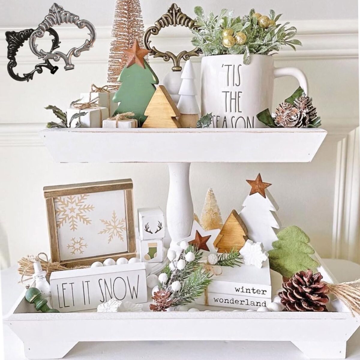 Rustic Wood Two Tiered Tray by Felt Creative Home Goods, Rectangle 2 Tier Serving Tray for Coffee Bar, Kitchen Counter, Dining Room Table, Cupcake Stand, Holiday and Farmhouse Decor (Rustic White) - Image 1