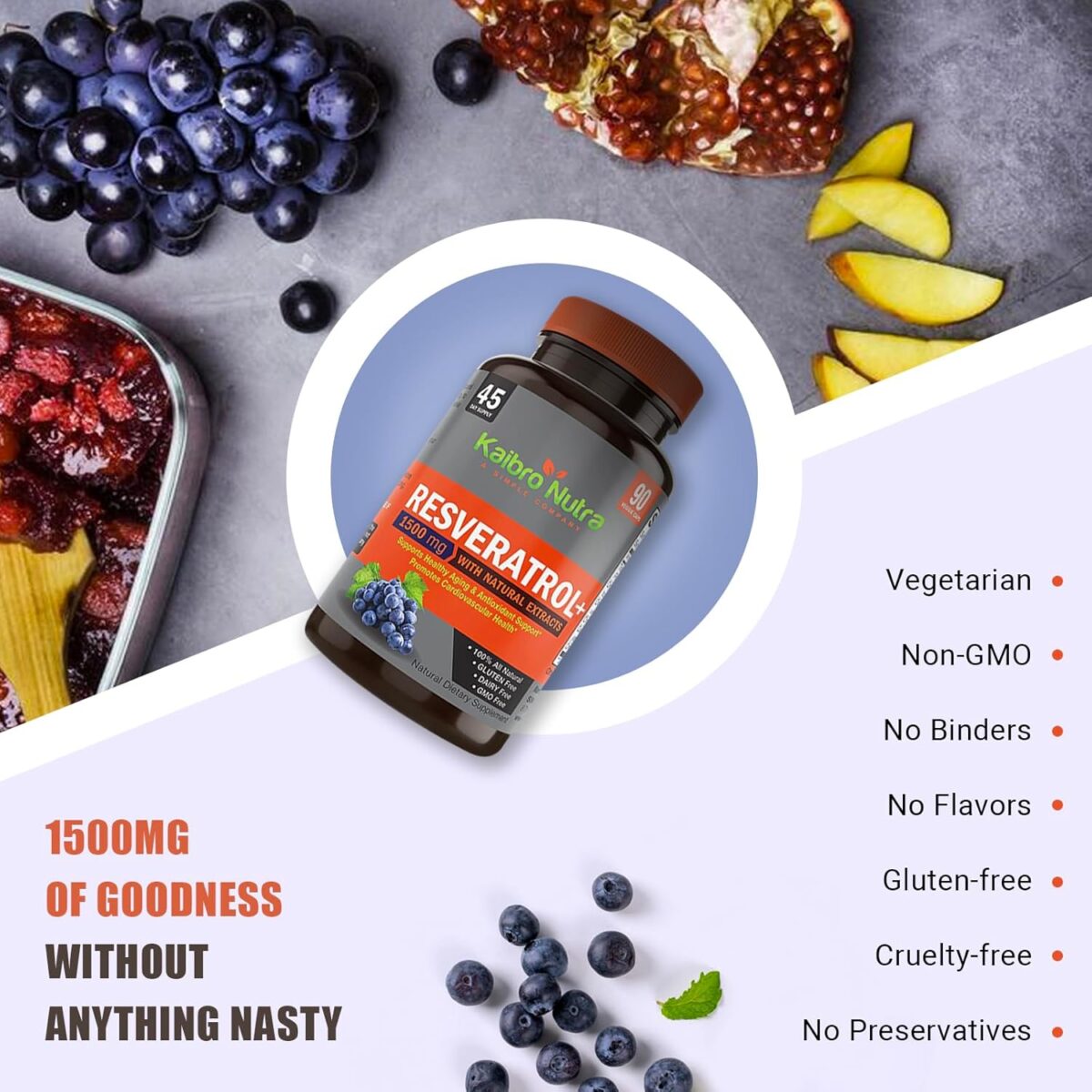 Kaibro Nutra Resveratrol 1500mg per Serving of Organic Trans-Resveratrol & Potent Antioxidants, Pure Extra Strength Complex, Anti-Aging, Radiant Skin and Immunity Support- 45 Day Supply - Image 4