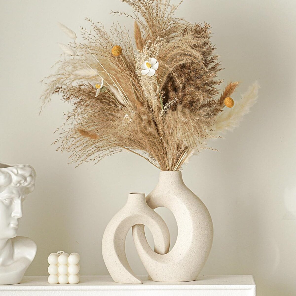 Snuggle Hollow Ceramic Vase Set of 2, Nordic Modern Boho ins Style Decorative Ceramic Aesthetic Flower Vase for Home Decor (Milky White W 6.3" X H 8.4") - Image 3