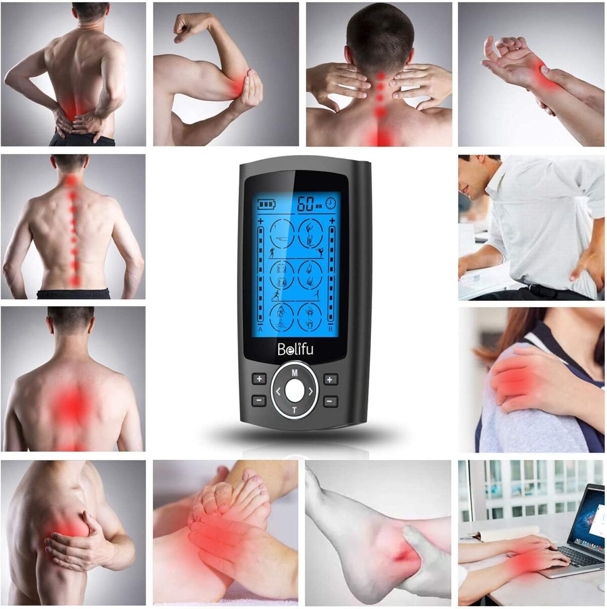Belifu Dual Channel TENS EMS Unit 24 Modes Muscle Stimulator for Pain Relief Therapy, Electronic Pulse Massager Muscle Massager with 10 Pads, Dust-Proof Drawstring Storage Bag, Fastening Cable Ties - Image 2