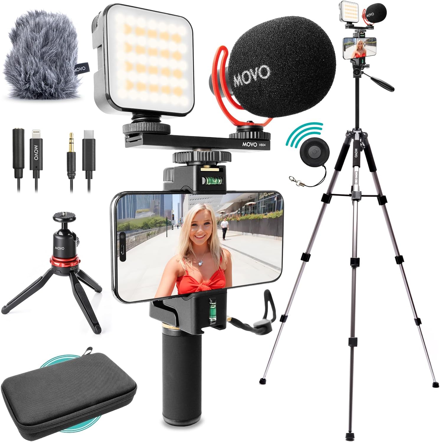 71yUkTKNiWL._AC_SL1500_.jpg Movo iVlogger-PRO Vlogging Kit with Full Tripod for iPhone/Android - USB-C/Lightning YouTube Starter Kit for Content Creators - Accessories: Phone Tripod, Phone Mount, RGB Light and VXR10 Shotgun Mic - Image 1