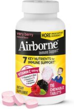 Airborne 1000mg Vitamin C with Vitamin D & Zinc, Multivitamin Immune Support Supplement, Antioxidants Vitamins A C & Vitamin E, 116 Chewable Tablets, Very Berry Flavor