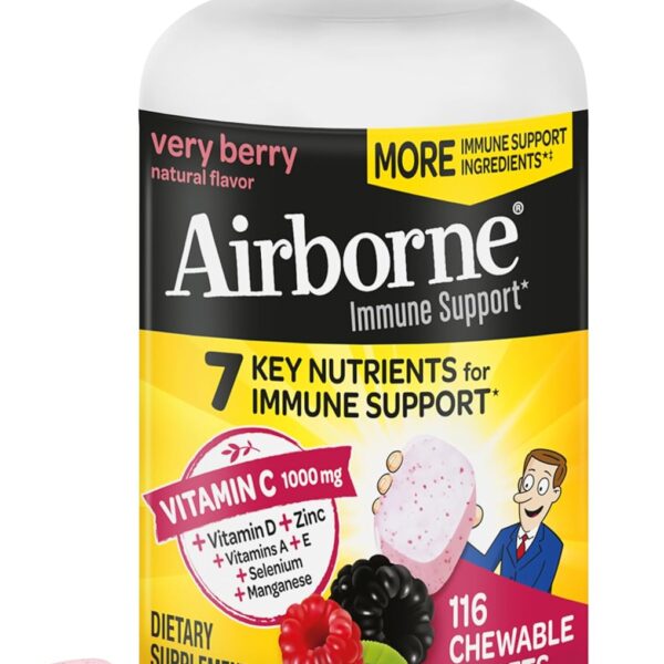 Airborne 1000mg Vitamin C with Vitamin D & Zinc, Multivitamin Immune Support Supplement, Antioxidants Vitamins A C & Vitamin E, 116 Chewable Tablets, Very Berry Flavor