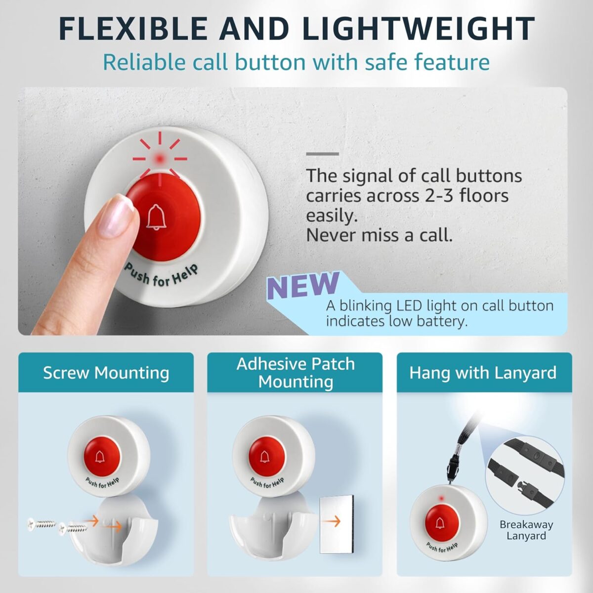 Caregiver Pager Call Button Wireless Call Bell Alert Buttons for Patients Elderly Seniors Home Portable Nurse Call System Bed Alarm Fall Prevention Emergency - Image 3
