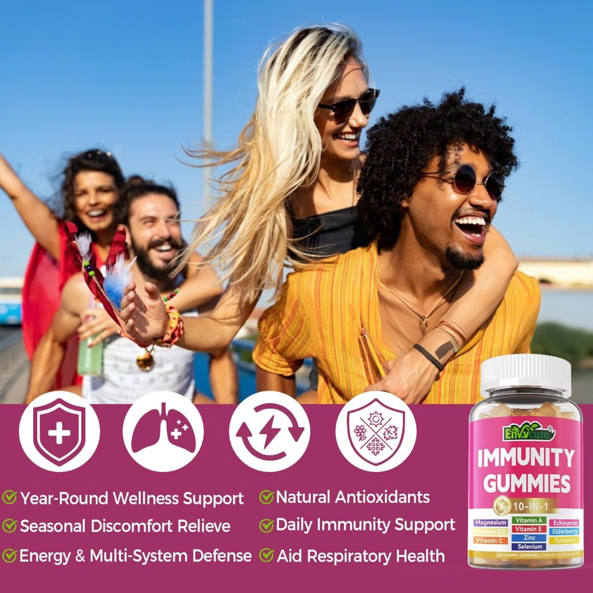 Immune Support Gummies with Echinacea, Sambucus Elderberry, Vitamin C + D3 + Zinc, Selenium, Magnesium, Daily Immunity Booster Multivitamin Gummies, for Boost Immunity, Power Antioxidant, Vegan 2 Pack - Image 6