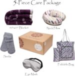 Chanasya 5-Piece Warm Hugs Positive Energy Healing Thoughts Comfort Caring Message Print Combo Gift Pack Throw Blanket, Neck Pillow, Eye Mask, Tote Bag, Socks - for Women Men Cancer Hospital Aubergine - Image 2