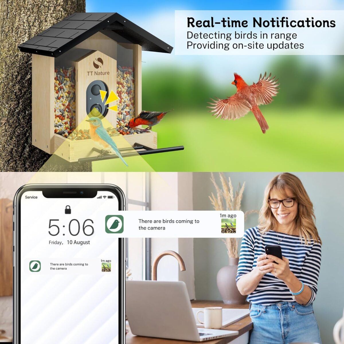 Bird Feeder with Camera, Upgraded 1.5L Smart Bird Feeder with AI Identify for 10000 Plus Bird Species, Auto Capture Bird & Real-time Notifications, Ideal Gift for Bird Lovers (Iron Roof) - Image 3