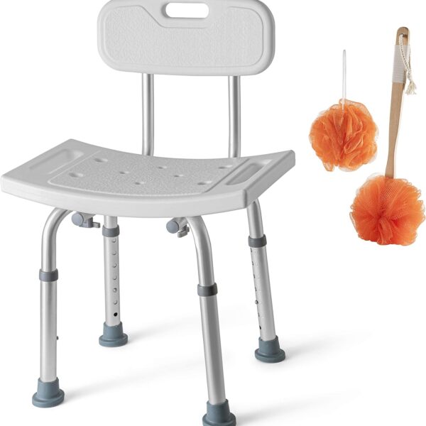 Medical king Shower Chair Set of 3 - Includes Back Scrubber & Additional Sponge - Anti Slip for Safety, with 8 Adjustable Heights Portable - Tool Free Shower Chair - Bath Chair for Elderly