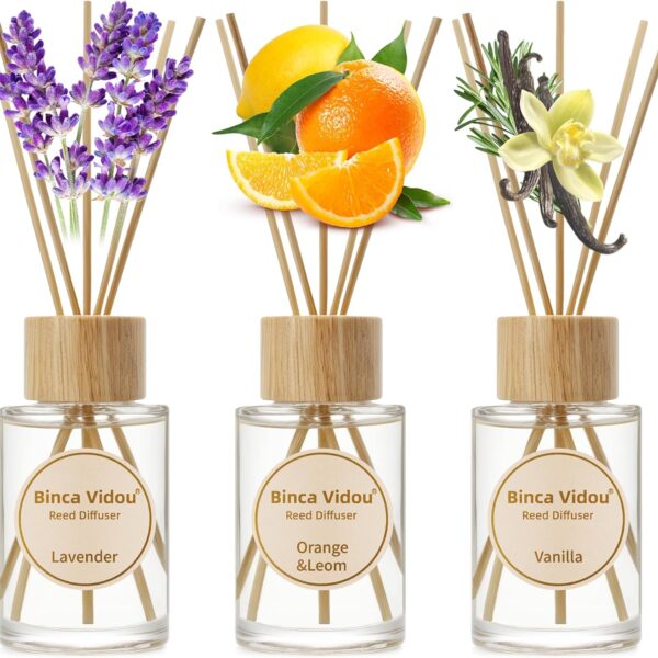 binca vidou Reed Diffuser Set, Lavender Vanilla Orange & Lemon Natural Scent Oil Diffusers with Sticks for Home Office Bathroom Aromatherapy Decor 2.7oz x 3