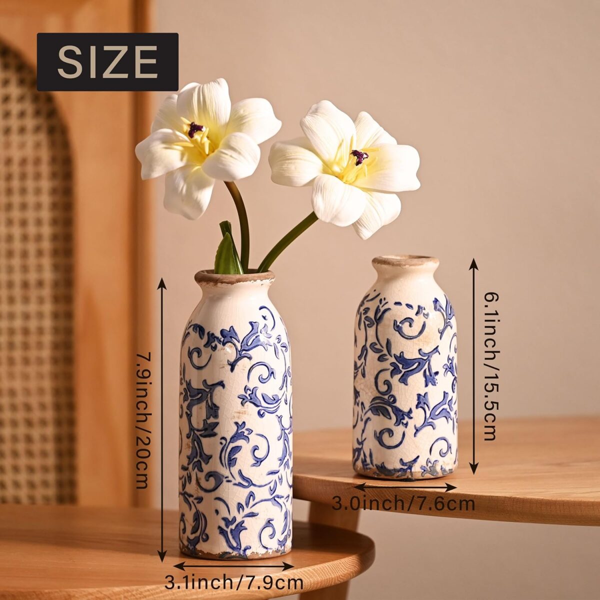VICTOR & TERESA Blue and White Ceramic Vases Home Decor, Farmhouse Vase for Flowers, Flower Vase Set of 2, Rustic Decorative Vases for Pampas Grass, Table, Living Room, Shelf, Centerpieces, 8 inch - Image 4