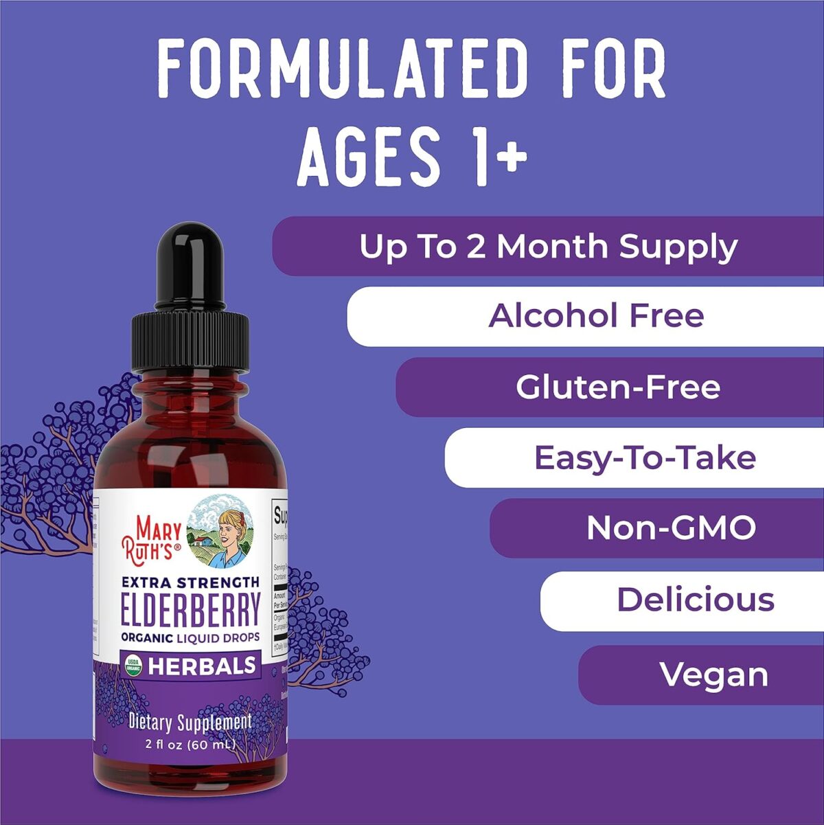 MaryRuth Organics Elderberry Syrup Extra Strength, USDA Organic Elderberry, Sugar Free Adults & Kids Immune Support Supplement for Ages 1+, Clean Label Project Verified®, Vegan, Gluten Free, 2 Fl Oz - Image 3