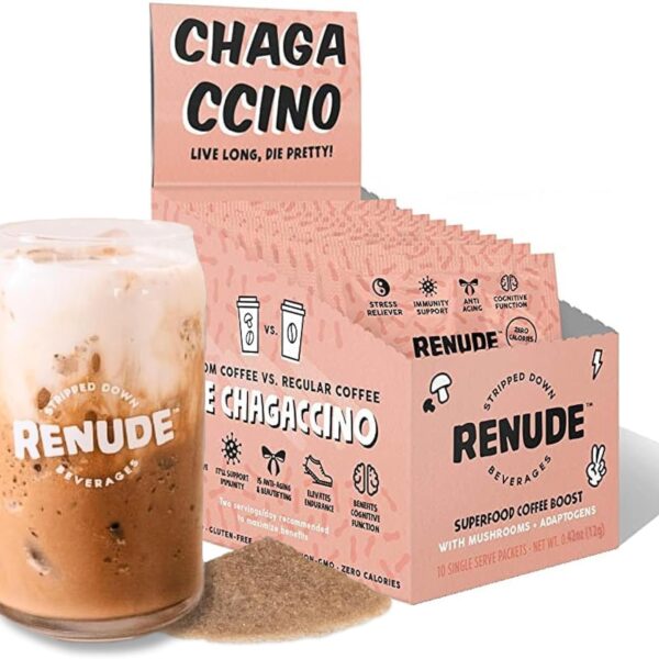 Renude Chagaccino - Chaga Mushroom Powder, Mushroom Coffee Drink Mix with Adaptogens, Natural Energy and Immune Support, Vegan, Keto, Zero Calorie Mushroom Blend Powder - 10 Servings