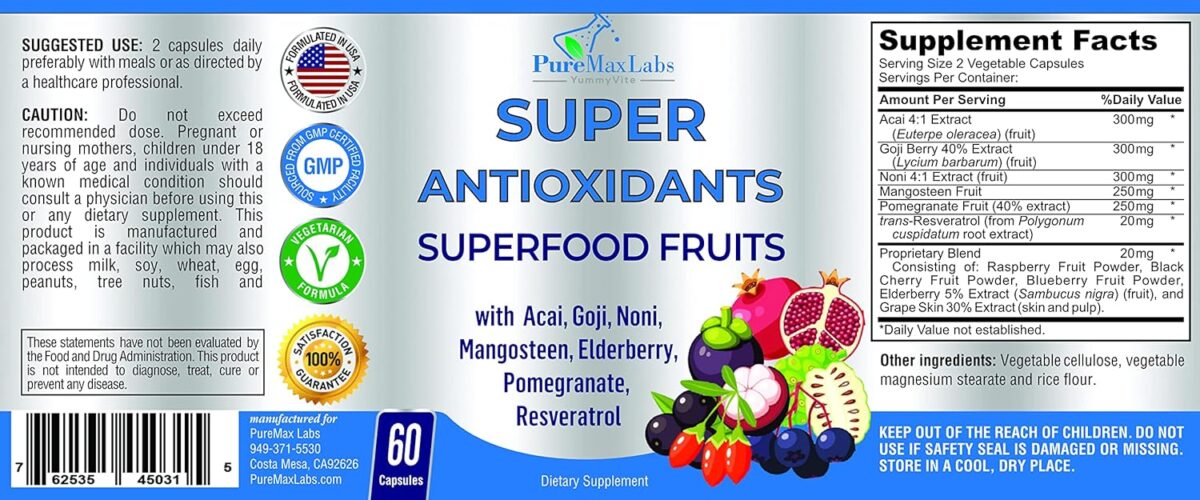 Super Antioxidant Fruit Superfood Complex - Powerful Antioxidant Superfruits, Acai, Goji, Noni, Mangosteen, Pomegranate, Elderberry, Resveratrol, Immune Support, Skin Care - 60 Capsules - Image 6