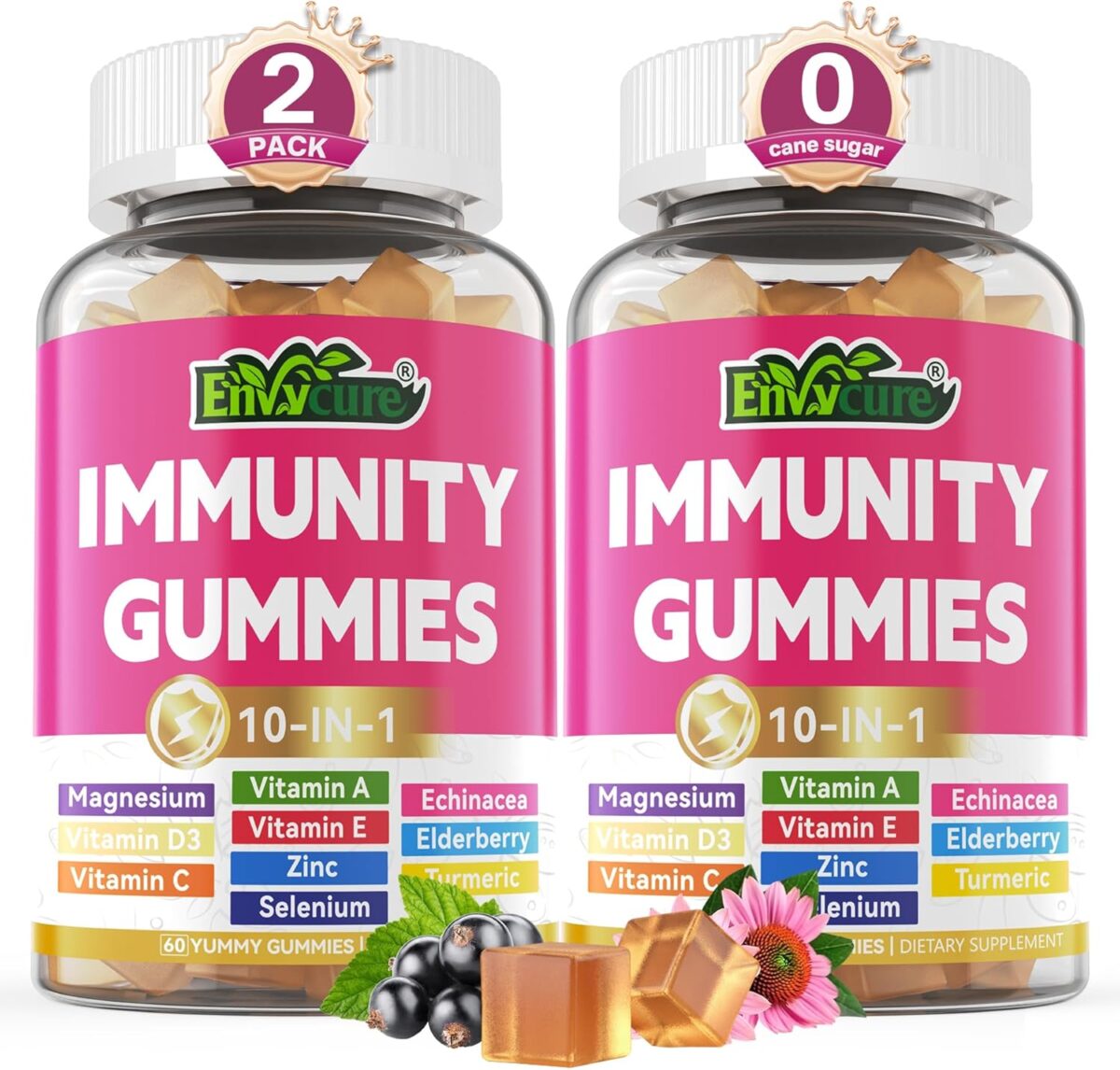 Immune Support Gummies with Echinacea, Sambucus Elderberry, Vitamin C + D3 + Zinc, Selenium, Magnesium, Daily Immunity Booster Multivitamin Gummies, for Boost Immunity, Power Antioxidant, Vegan 2 Pack - Image 1