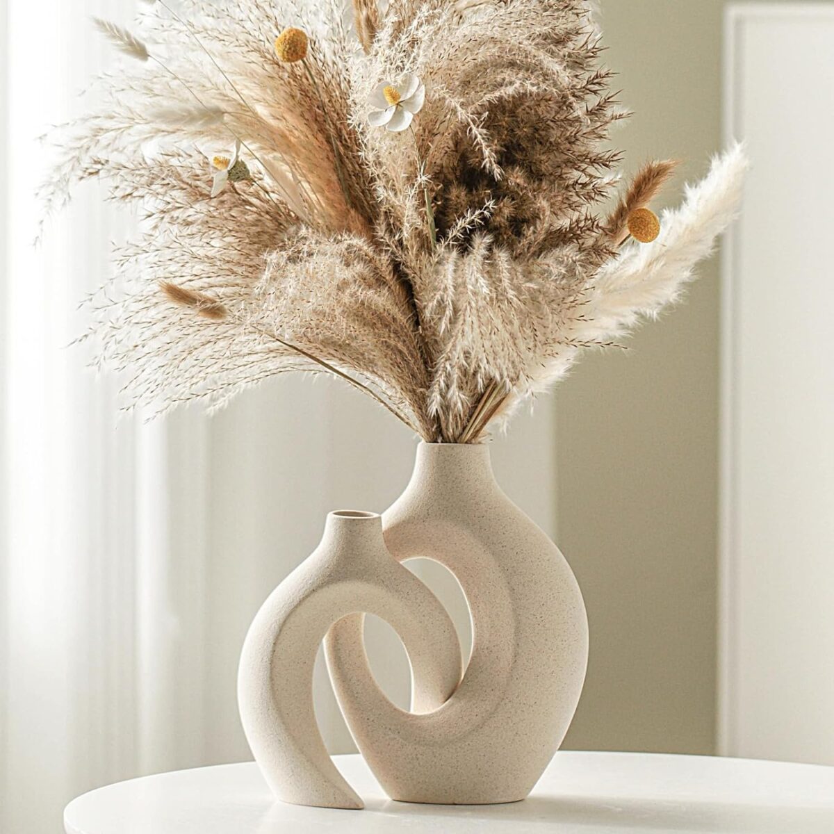 Snuggle Hollow Ceramic Vase Set of 2, Nordic Modern Boho ins Style Decorative Ceramic Aesthetic Flower Vase for Home Decor (Milky White W 6.3" X H 8.4") - Image 1