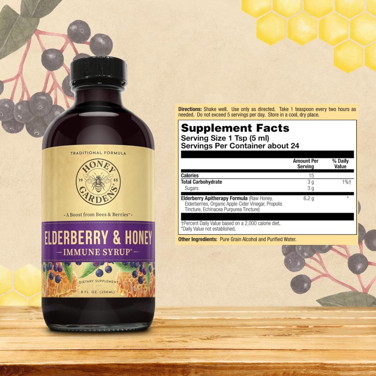 Honey Gardens Elderberry & Honey Immune Syrup - Black Elderberry Syrup for Adults & Kids, Natural Throat Defense Wellness Supplement with Propolis & Organic Apple Cider Vinegar - 8 Fl Oz - Image 2