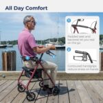 Drive Medical Aluminum Rollator Walker Fold Up and Removable Back Support, Padded Seat, 6" Wheels, Red - Image 3
