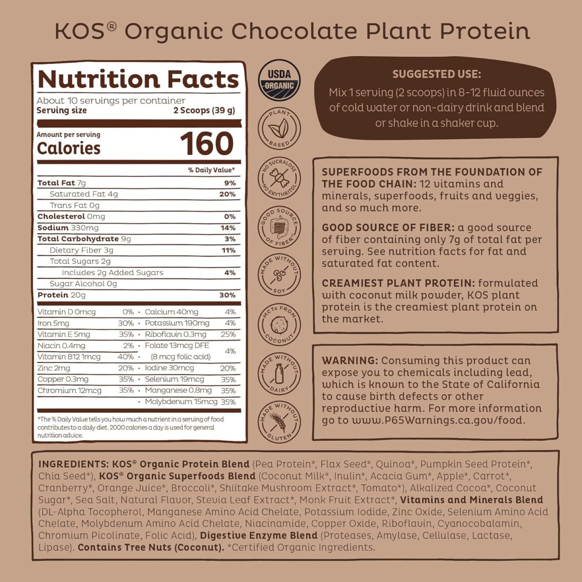 KOS Vegan Protein Powder, Chocolate USDA Organic - Low Carb Pea Protein Blend, Plant Based Superfood with Vitamins & Minerals - Keto, Soy, Gluten Free - Meal Replacement for Women & Men - 10 Servings - Image 9