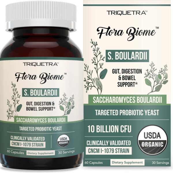 Organic Saccharomyces Boulardii - 10 Billion CFU - Clinically Validated CNCM I-1079 Probiotic Strain - Gut, Digestion & Healthy Bowel Support - First Organic Form of S. Boulardii Probiotic - 60 Count