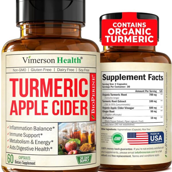 Turmeric Supplement and Organic Apple Cider Vinegar Capsules with Ginger for Joint Health, Metabolic & Digestive Support. Premium Turmeric Apple Cider Vinegar Supplements. Non-GMO. Vegan. 60 ACV Caps