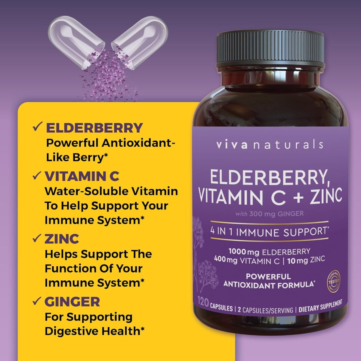 Viva Naturals Elderberry with Vitamin C and Zinc (120 Capsules) - 1000mg Sambucus Elderberry Immune Support Supplement, Black Elderberry Capsules for Adults, Elderberry Vitamins - 2 Months Supply - Image 3