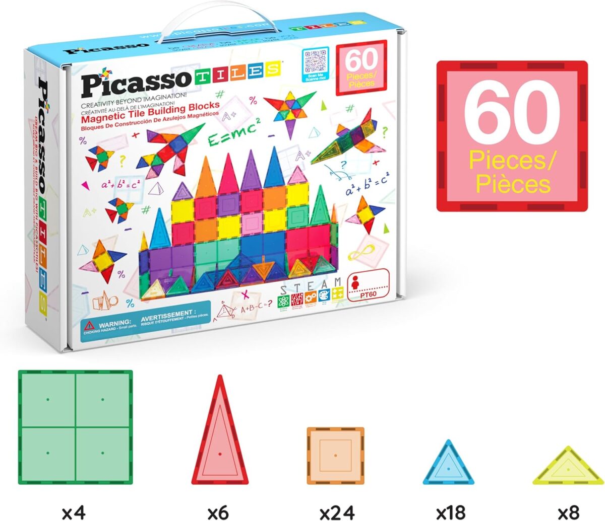PicassoTiles Magnetic Tiles 60pcs Kids Toys Classroom Sensory Toy for Toddlers STEM Learning Building Blocks, Montessori Pretend Play Magnet Tile Construction Stacking Block Boys Girls Ages 3+ PT60 - Image 8