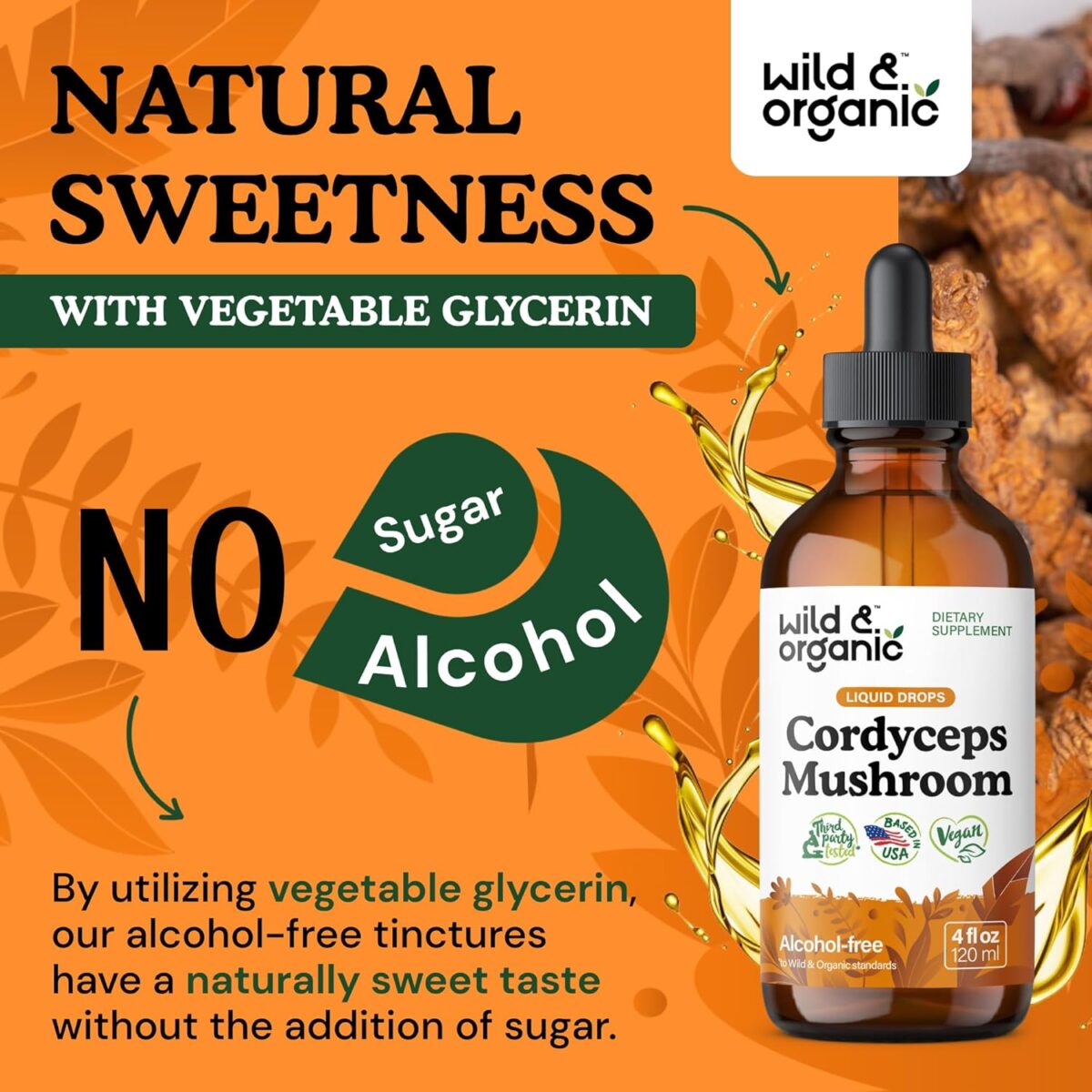 Wild & Organic Cordyceps Tincture - Cordyceps Sinensis Mushroom Extract for Immune & Energy Support - Liquid Mushroom Supplement - Vegan, Sugar & Alcohol-Free Drops - 4 fl oz - Image 6