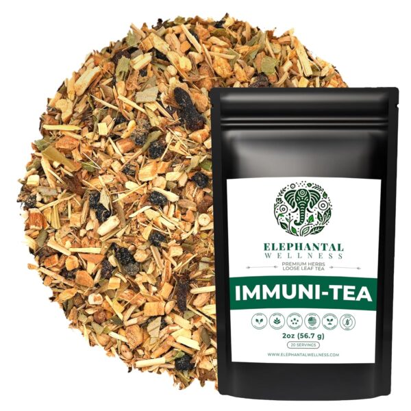 Elephantal Wellness Immuni-Tea, Immune Support Herbal Tea, Immunity & Energy, Loose Leaf Immunity with Elderberry, Astragalus, & Reishi, Tea for Immune Support, 2oz, 20 Servings