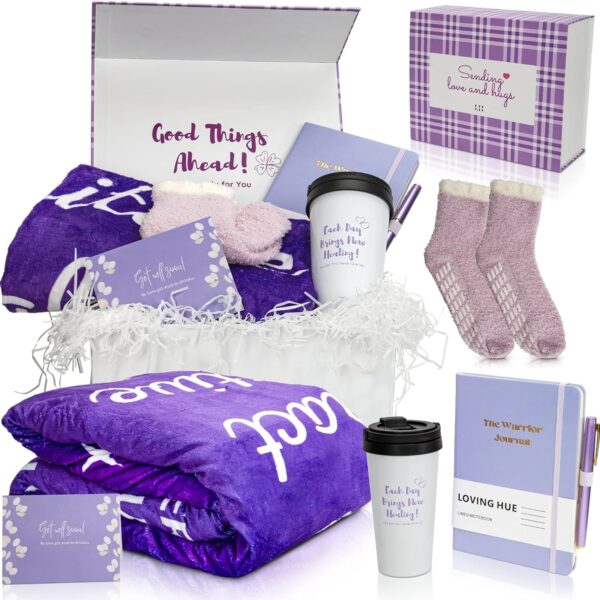 Chemo Care Package for Women, Cancer Care Gifts for Women, Gifts for Cancer Patients, Get Well Soon Gift Basket Includes Travel Mug, Healing Blanket 47”x71” (Purple)