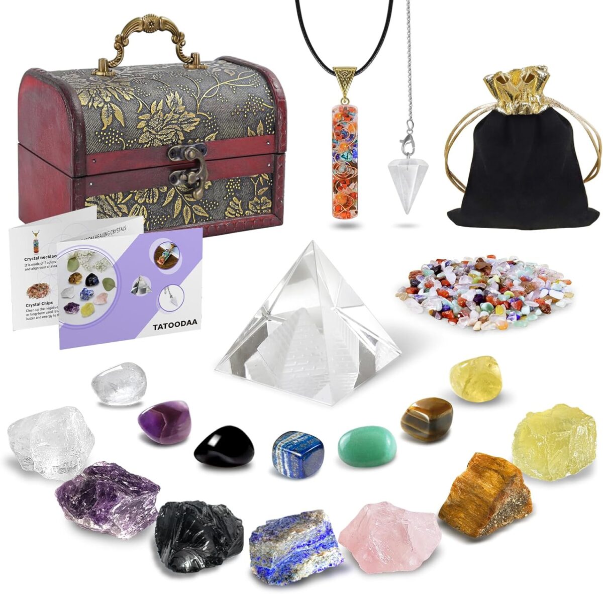 Crystals and Healing Stones, 21 Pcs Healing Crystals Set, 7 Chakra Crystal Stones Set Real Natural Raw Selenite Pyramid Reiki Energy Meditation Chakra Kit with Wooden Box, Crystal Gifts Set for Women - Image 1