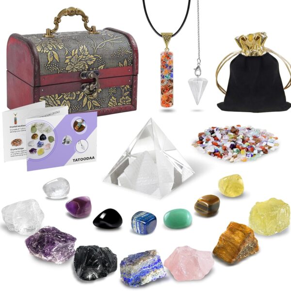 Crystals and Healing Stones, 21 Pcs Healing Crystals Set, 7 Chakra Crystal Stones Set Real Natural Raw Selenite Pyramid Reiki Energy Meditation Chakra Kit with Wooden Box, Crystal Gifts Set for Women
