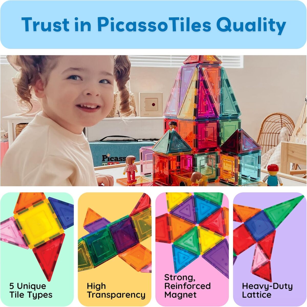 PicassoTiles Magnetic Tiles 60pcs Kids Toys Classroom Sensory Toy for Toddlers STEM Learning Building Blocks, Montessori Pretend Play Magnet Tile Construction Stacking Block Boys Girls Ages 3+ PT60 - Image 7