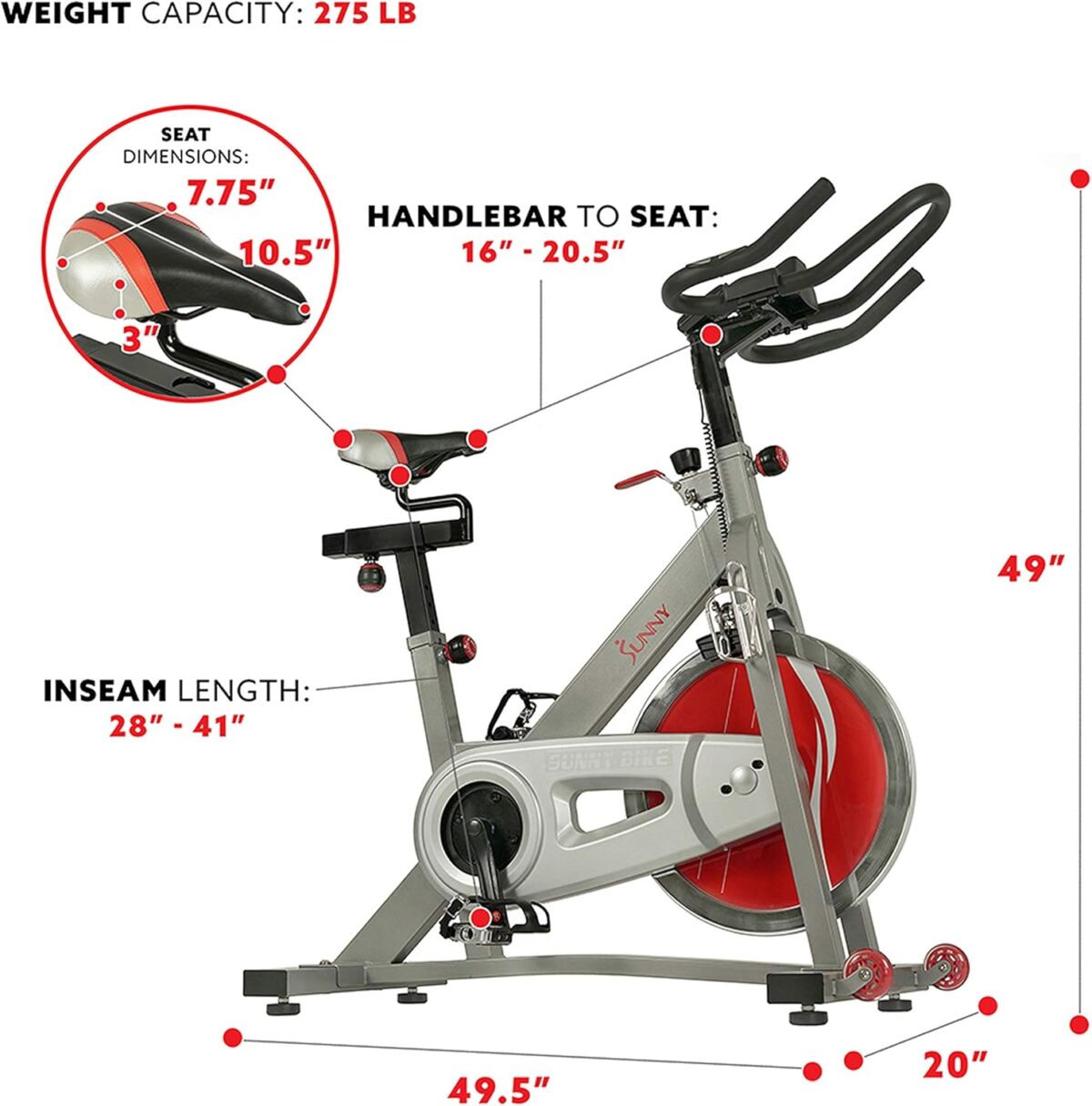 Sunny Health & Fitness Pro Cycling Stationary Bike, 40 LB Flywheel & 4-Way Adjustable Seat for Home Exercise & Indoor Cycle/Cardio Workout, Optional Free SunnyFit App Bluetooth Connection - Image 6