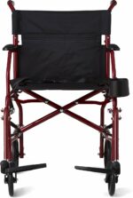 Medline Ultra Lightweight Transport Wheelchair for Adults, Foldable, 19-Inch Seat Width, Red Frame, Black Upholstery - Image 6